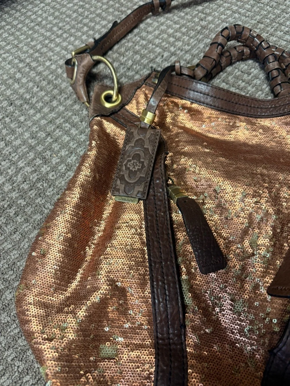 orYANY Copper Sequin Hobo with Brown Leather Trim